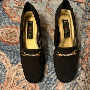 3/$25 🖤 L. Chase Black Loafer Heels Size 6.5M Gold Horsebit